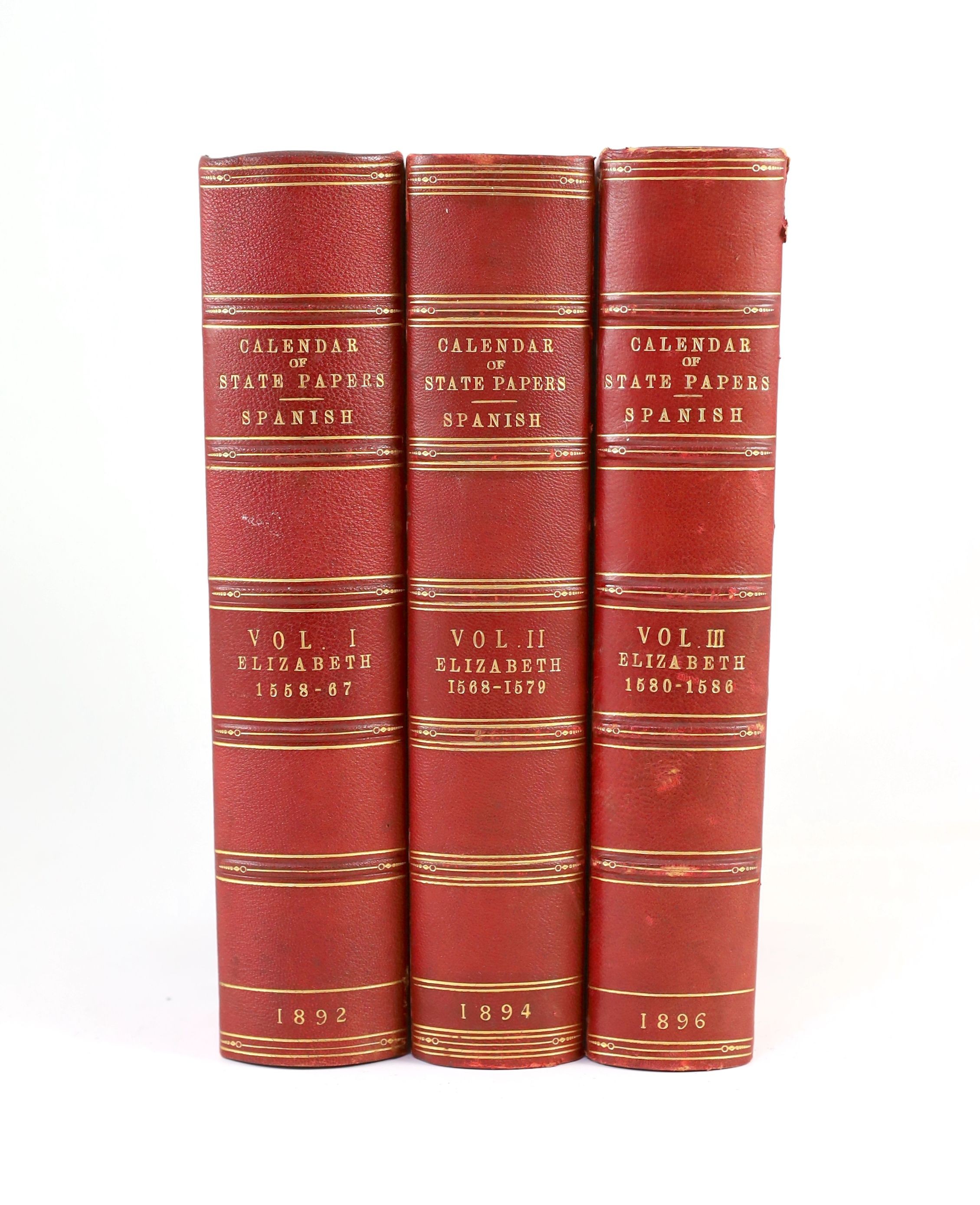 State Papers (Spanish) - Calendar of Letters and State Papers relating to English Affairs, preserved principally in the archives of Simancas ....edited by Martin A. S. Hume. vols 1-3 (of 4). early 20th cent. red half mor